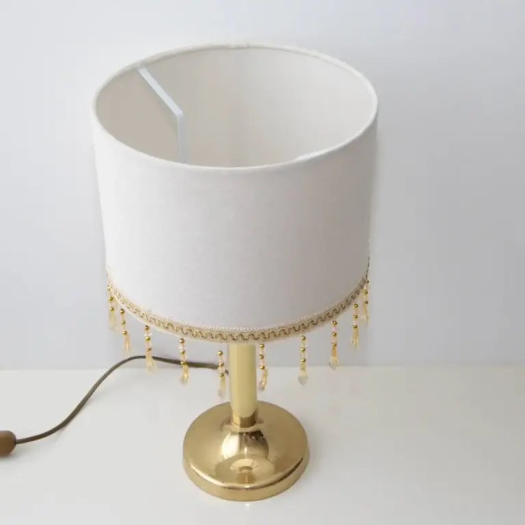 Tischlampe Messing Textil Fransen Kunstglasperlen 90er J Vintage