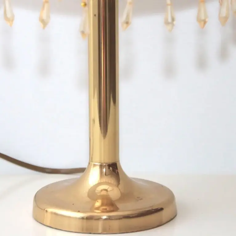 Tischlampe Messing Textil Fransen Kunstglasperlen 90er J Vintage