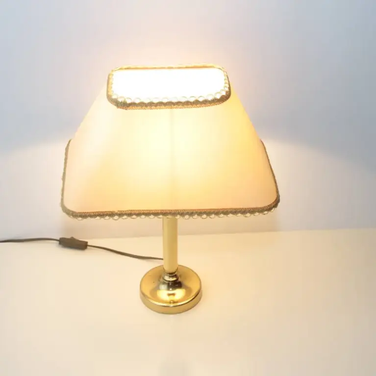 Tischlampe Messing Stoffbordüre 43cm 90er J Vintage