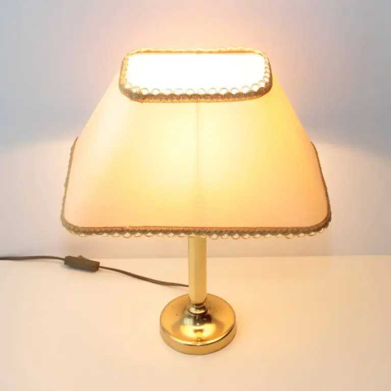 Tischlampe Messing Stoffbordüre 43cm 90er J Vintage