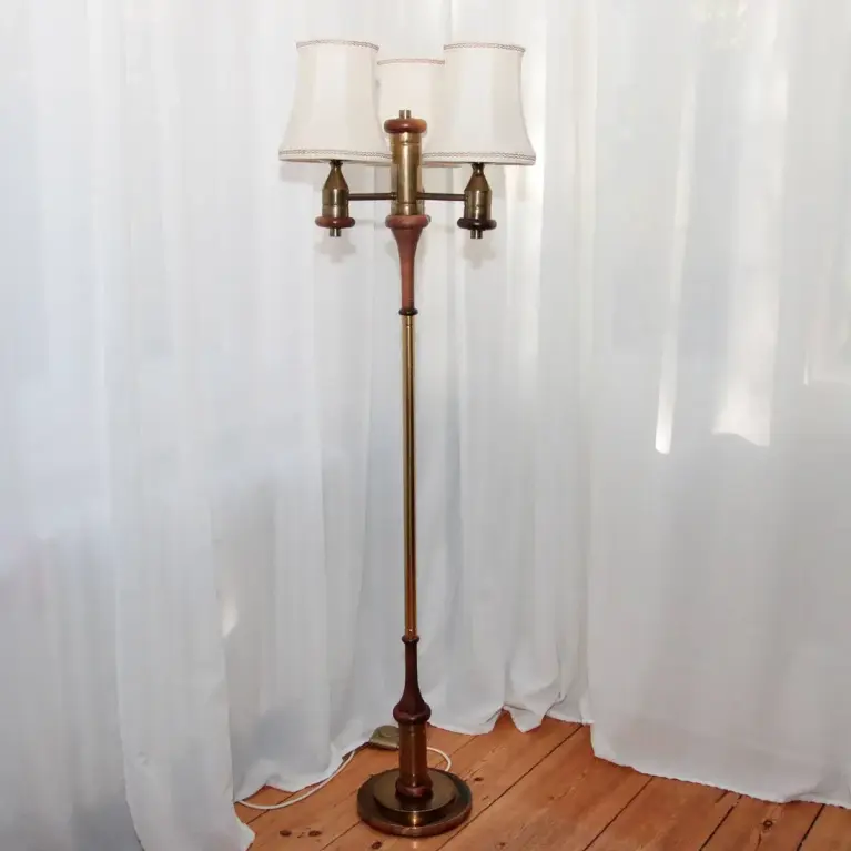 Stehlampe Messing Holz Dreiflammig 70er J Retro